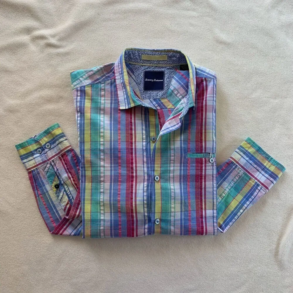 TOMMY BAHAMA Madras Plaid Multicolor Cotton Silk Shirt Pocket Men’s Size Large - Picture 9 of 11